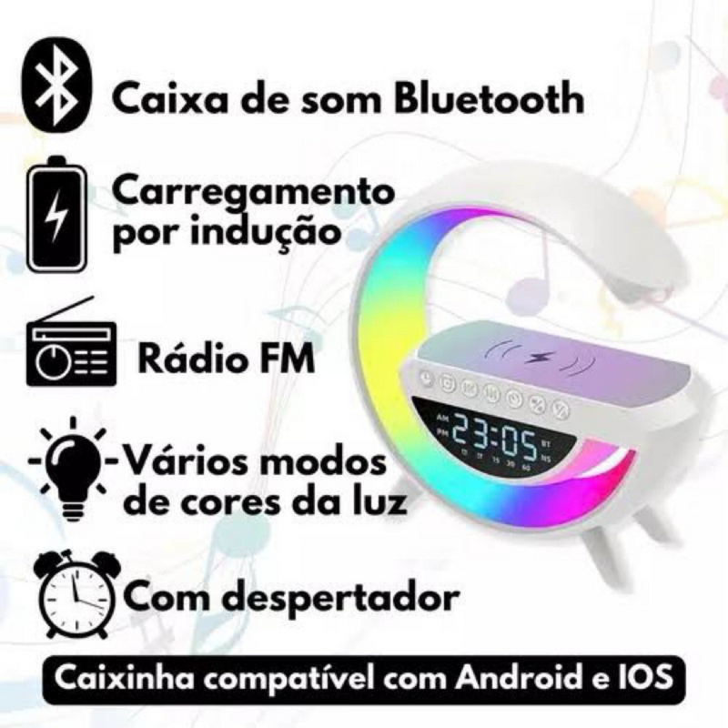 G Speaker Smart Station Luminária Relógio c/ Som Bluetooth e Carregador Indução SO-BT-3401-(Normal)Branco