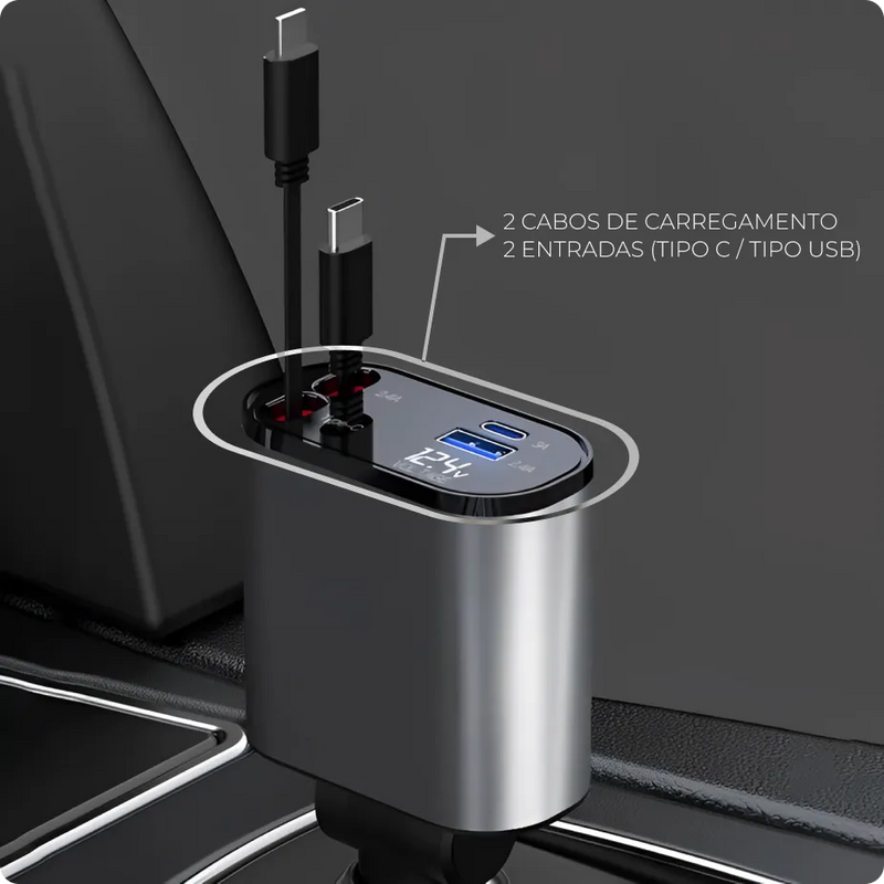 Carregador Turbo 4 em 1 Automotivo com Cabos Retráteis