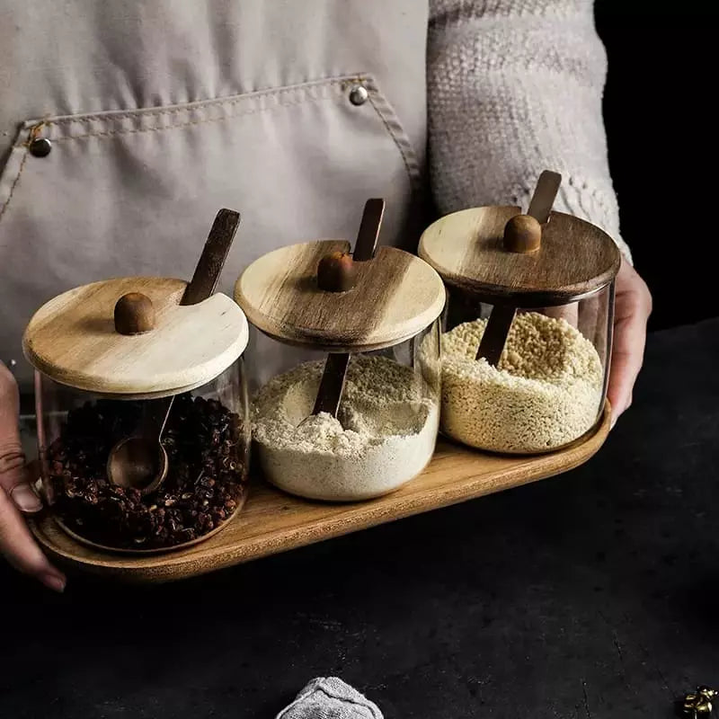 Conjunto de Potes de Vidro com Tampa de Madeira Castiliani