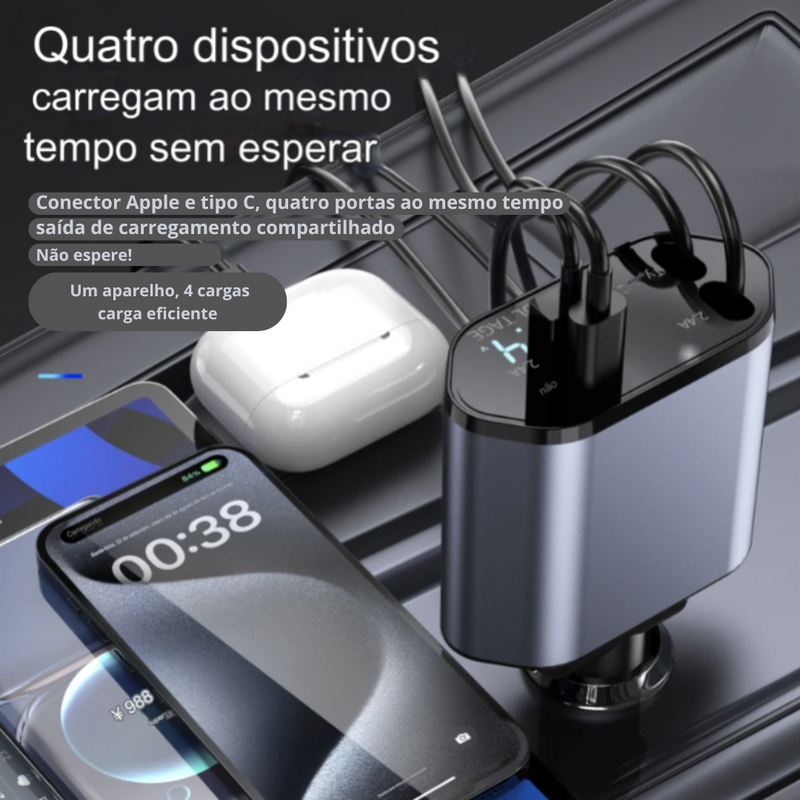 Carregador Turbo 4 em 1 Automotivo com Cabos Retráteis