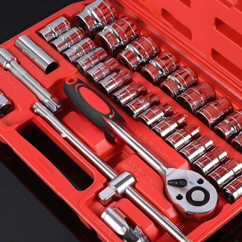 Kit de Ferramentas 46 Peças Profissional | Chave de Catraca Reversível, Soquetes e Maleta | Aço Cromado Vanádio para Carro, Moto e Casa | Resistente e Organizado