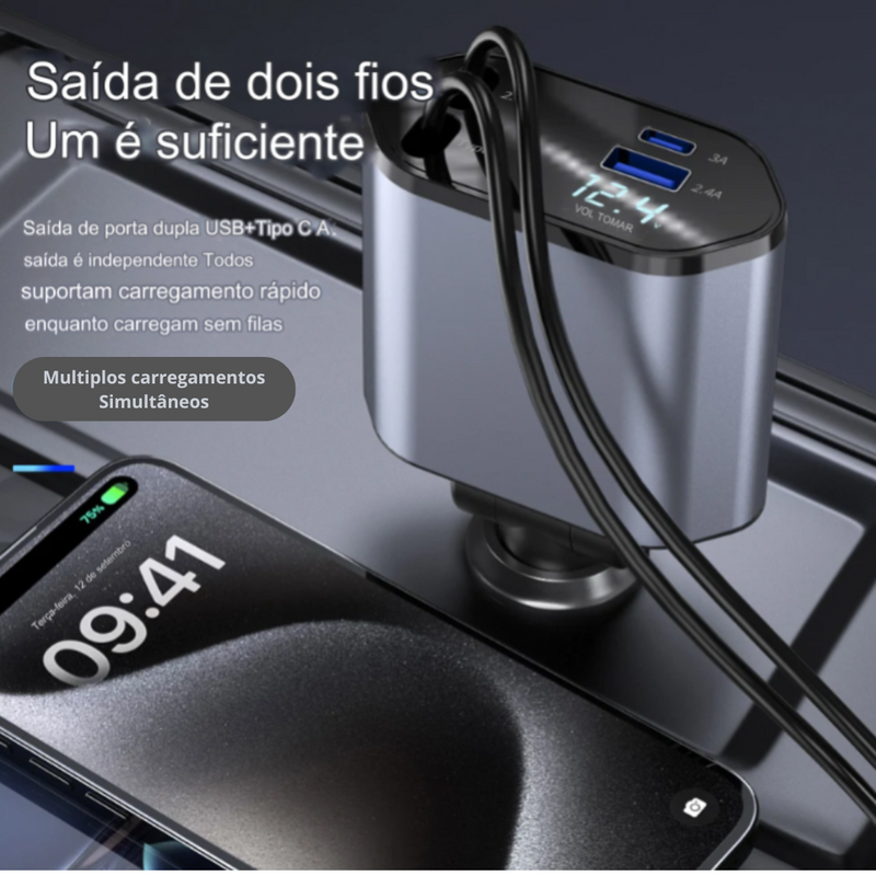 Carregador Turbo 4 em 1 Automotivo com Cabos Retráteis
