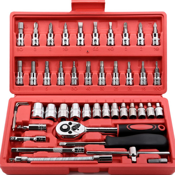 Kit de Ferramentas 46 Peças Profissional | Chave de Catraca Reversível, Soquetes e Maleta | Aço Cromado Vanádio para Carro, Moto e Casa | Resistente e Organizado