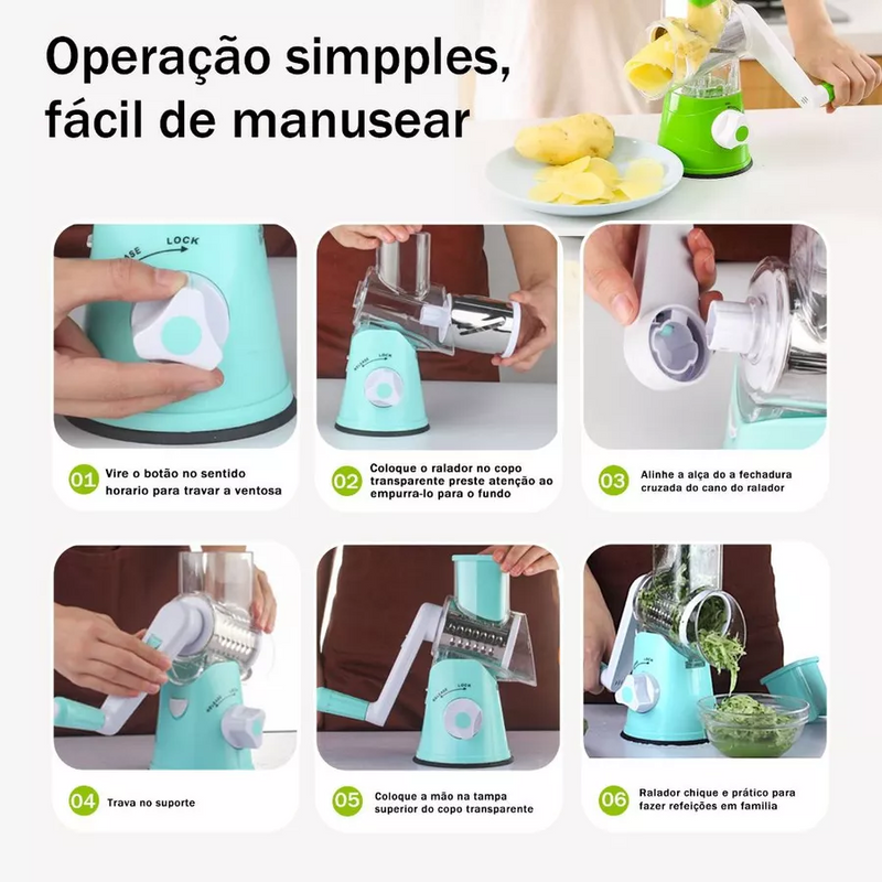 Ralador e Fatiador de Legumes Manual 3 em 1 - Aço Inoxidável Giratório para Cozinha, Saladas e Lanches | Multiuso, Prático e Seguro