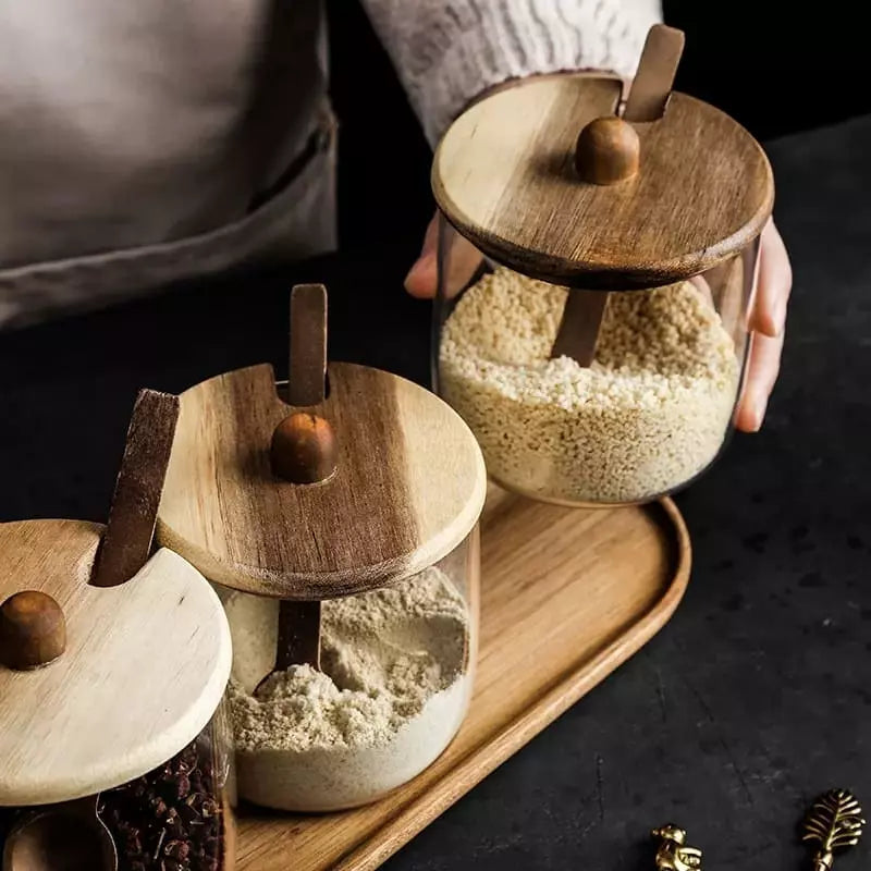 Conjunto de Potes de Vidro com Tampa de Madeira Castiliani