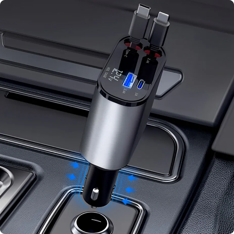 Carregador Turbo 4 em 1 Automotivo com Cabos Retráteis